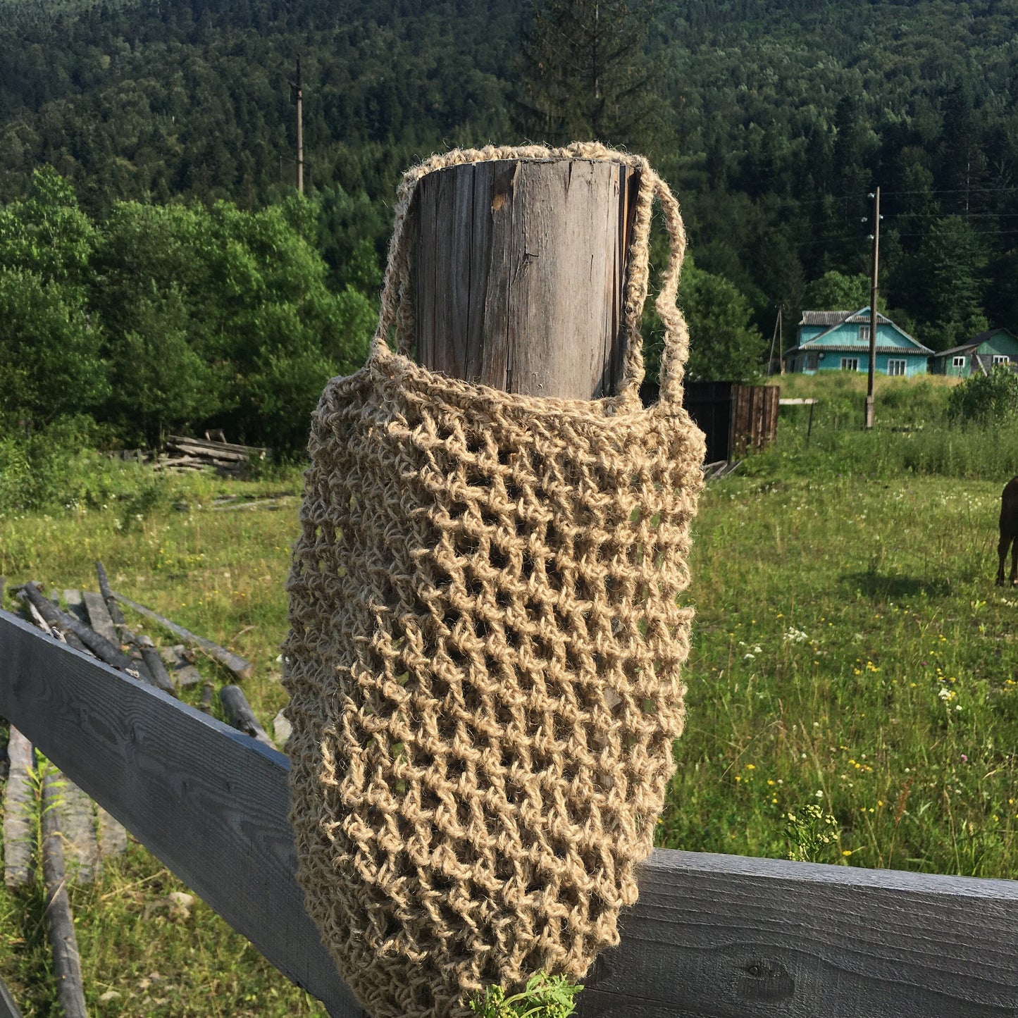 Hemp knit bag, Shopping bag handmade