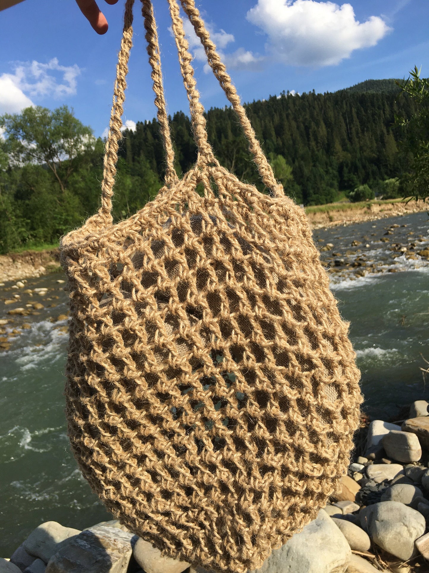 Hemp knit bag, Shopping bag handmade