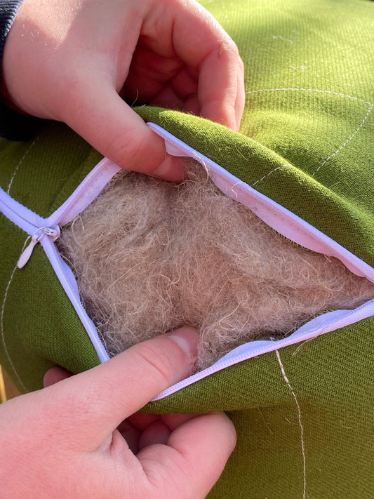 Green hemp zafu with organic hemp filler and fabric outside, elastic and paddy