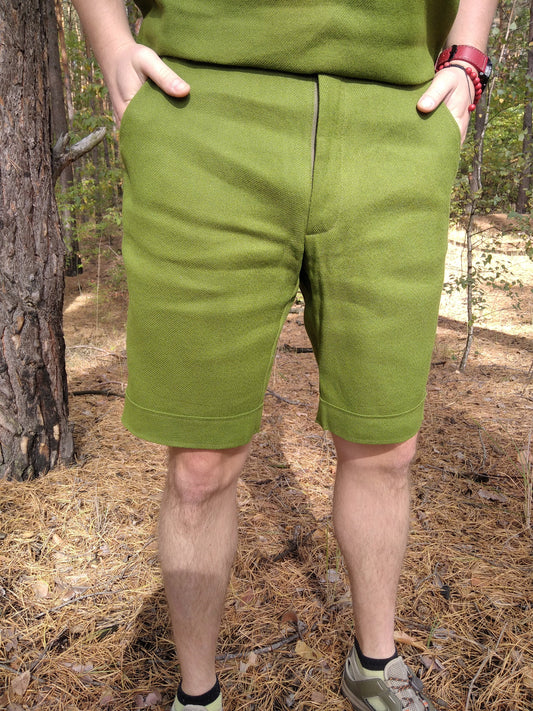 Green hemp shorts with pockets, Handmade travel shorts for men
