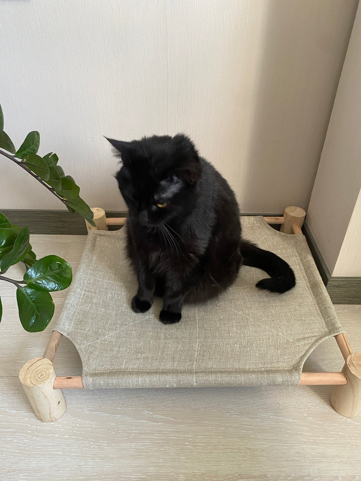 Wood bed for pet with hemp fabric, Natural cat bed
