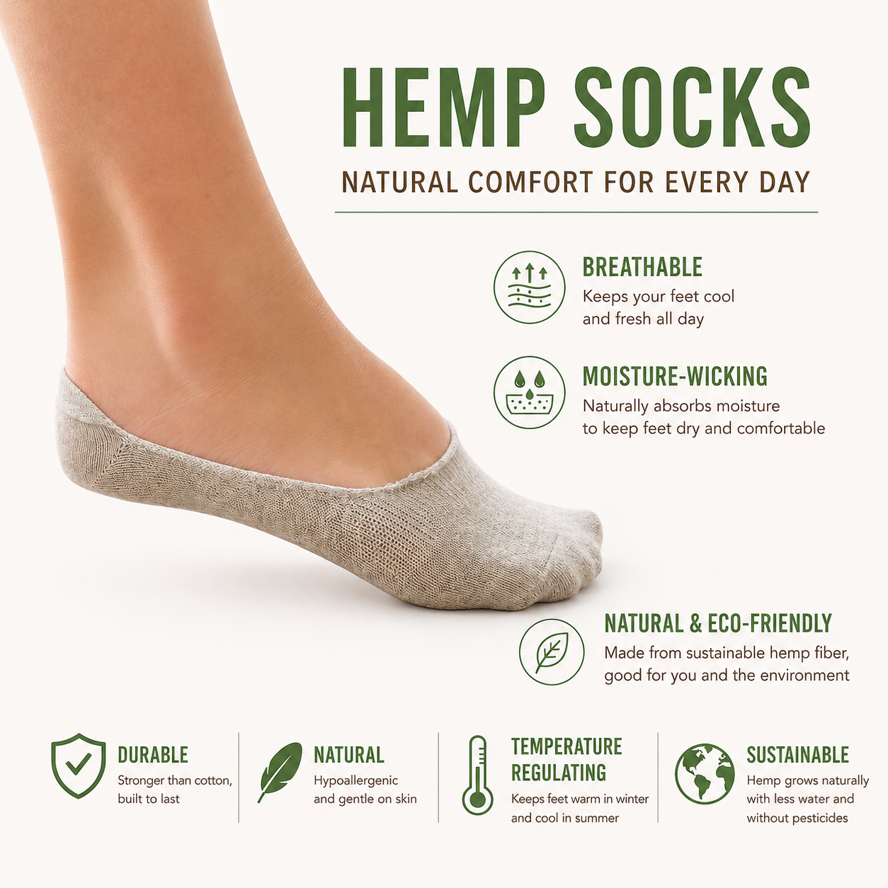 Hemp No-Show Socks — Natural Gray