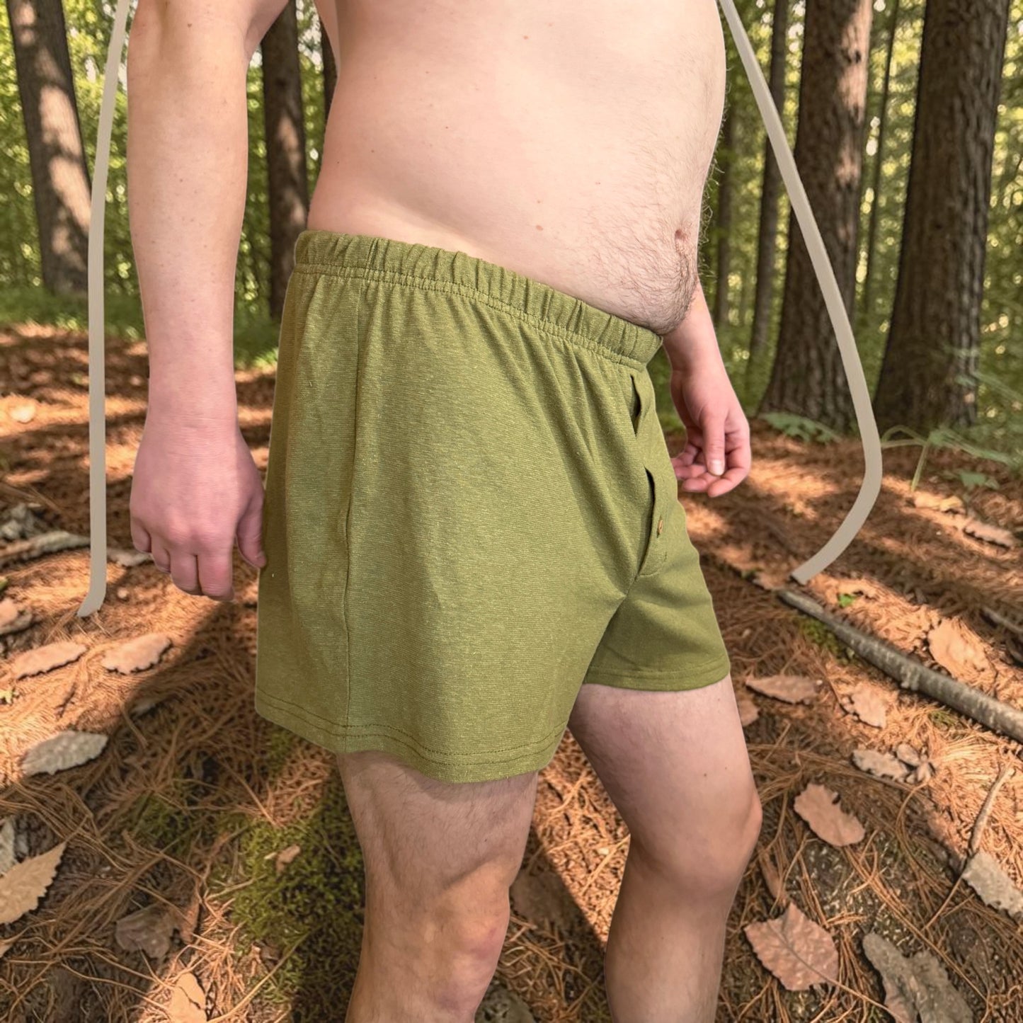 Men’s Khaki Hemp Knit Boxer Shorts with Elastic Waist and Button Fly