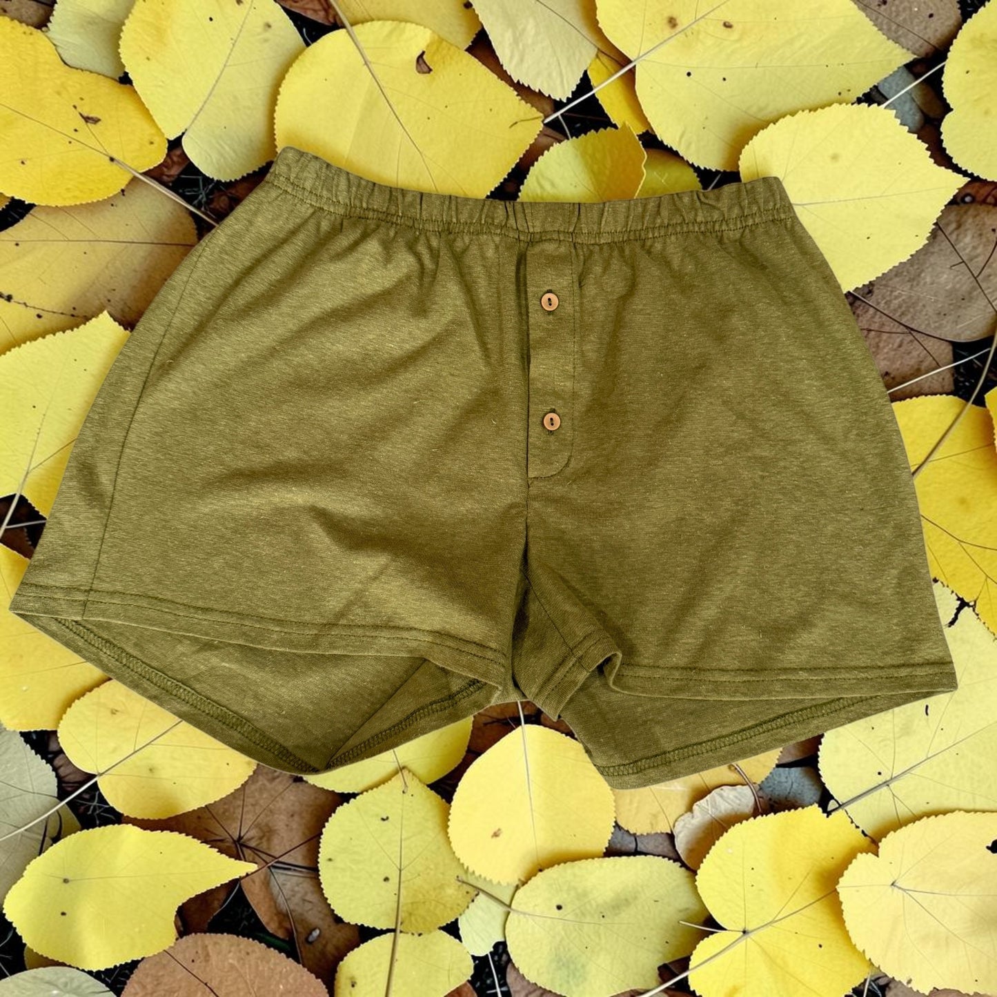 Men’s Khaki Hemp Knit Boxer Shorts with Elastic Waist and Button Fly