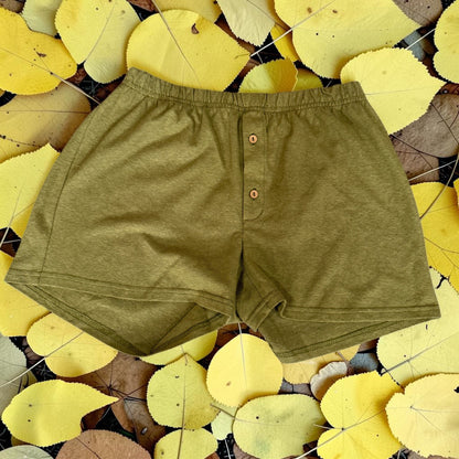 Men’s Khaki Hemp Knit Boxer Shorts with Elastic Waist and Button Fly