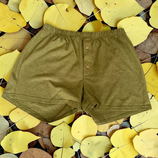 Men’s Khaki Hemp Knit Boxer Shorts with Elastic Waist and Button Fly