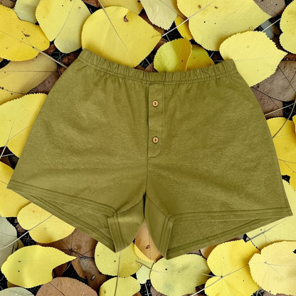 Men’s Khaki Hemp Knit Boxer Shorts with Elastic Waist and Button Fly