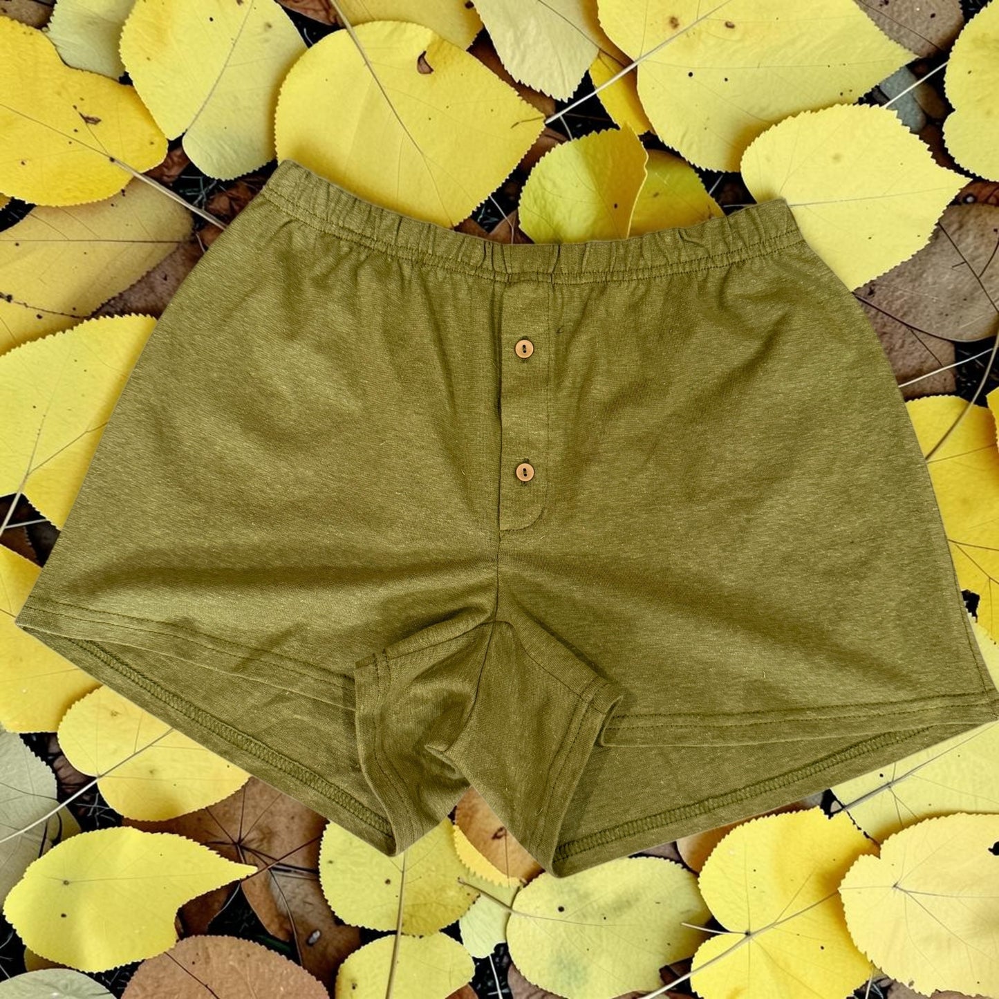 Men’s Khaki Hemp Knit Boxer Shorts with Elastic Waist and Button Fly