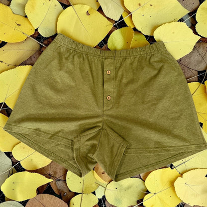 Men’s Khaki Hemp Knit Boxer Shorts with Elastic Waist and Button Fly