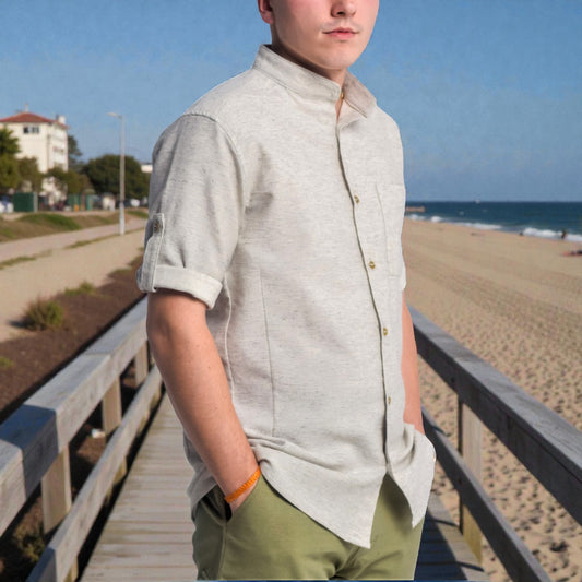 Hemp Shirt with 3/4 Sleeves – Stand Collar | 180gsm Natural Fabric