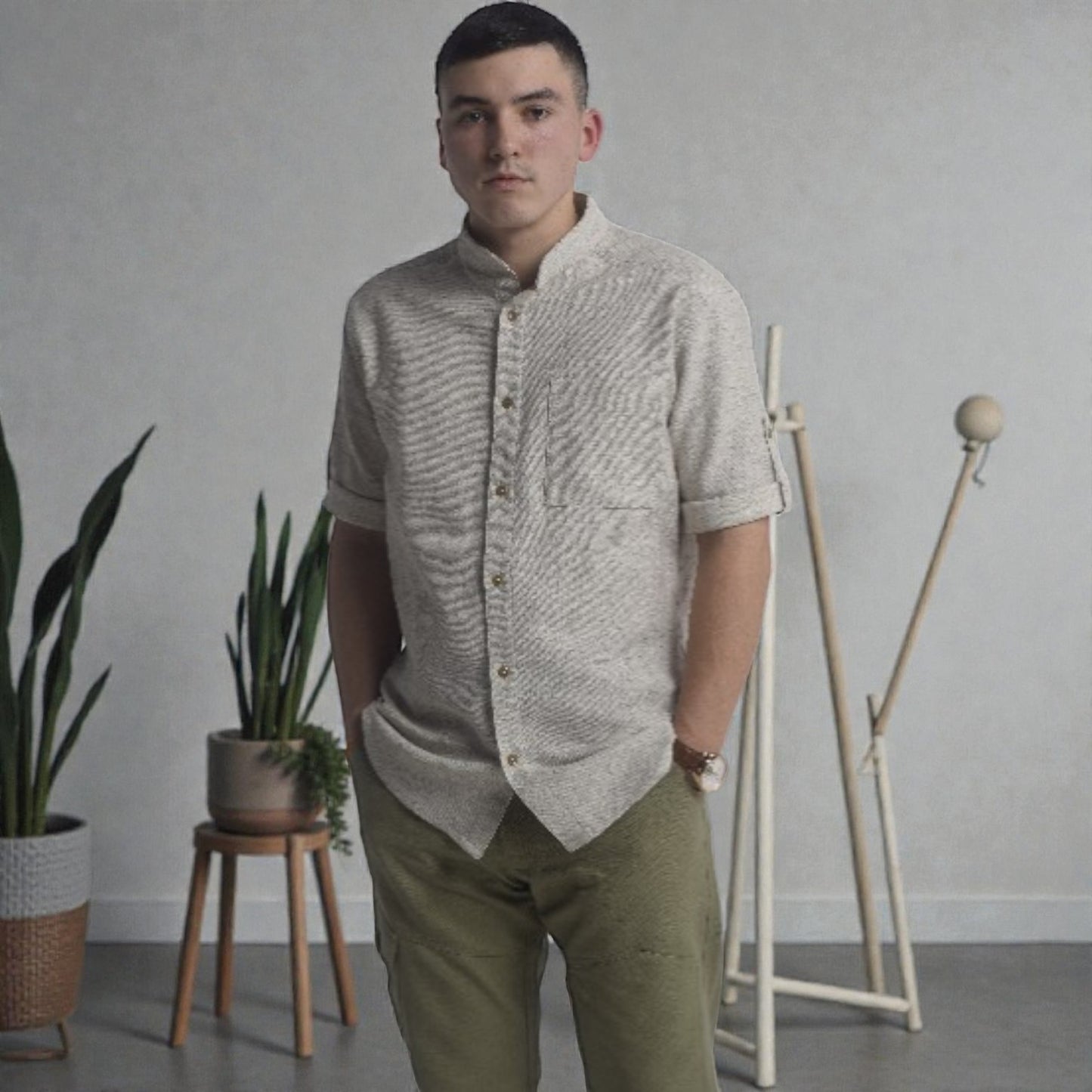 Hemp Shirt with 3/4 Sleeves – Stand Collar | 180gsm Natural Fabric