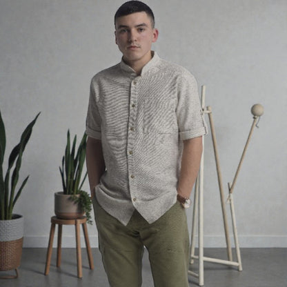 Hemp Shirt with 3/4 Sleeves – Stand Collar | 180gsm Natural Fabric