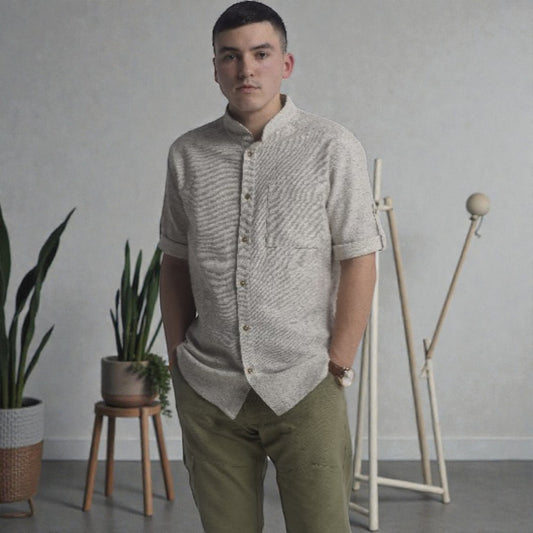 Hemp Shirt with 3/4 Sleeves – Stand Collar | 180gsm Natural Fabric