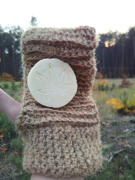 Set of natural hemp sponges, Organic back scrubber, soap-dish and hemp soap, sponge for face, massage glove