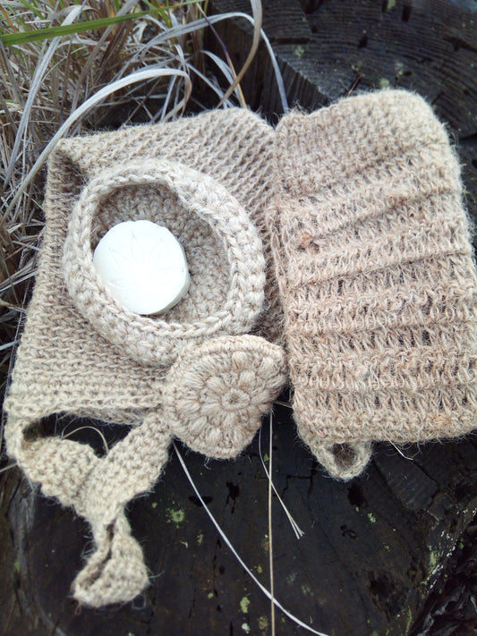 Set of natural hemp sponges, Organic back scrubber, soap-dish and hemp soap, sponge for face, massage glove