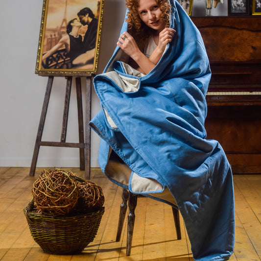 Hemp coverlet Blue, Hemp blanket with hemp filler and cotton hemp cover