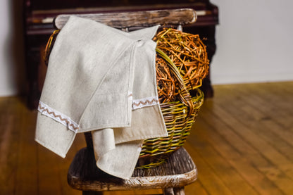 Hemp towel made of natural fabric with white and red lace