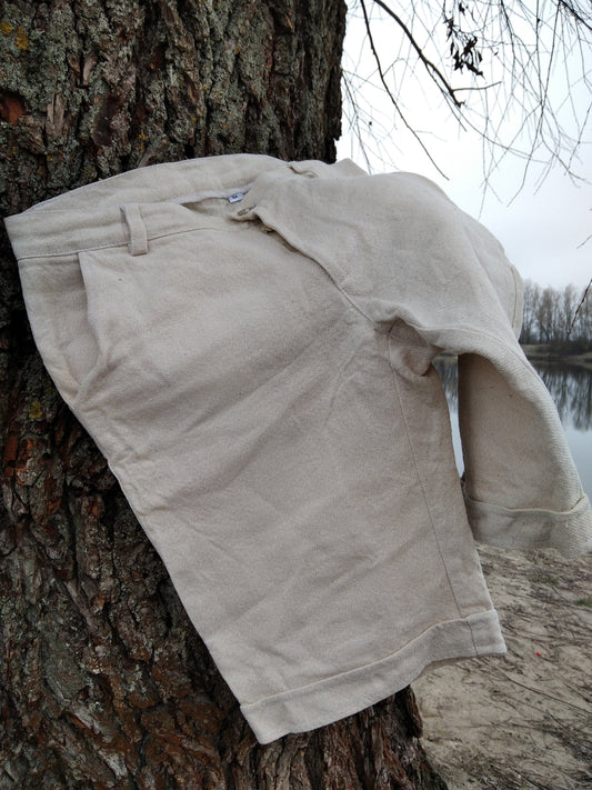 Hemp shorts, Handmade hemp clothing for men with zipper and button, Natural color