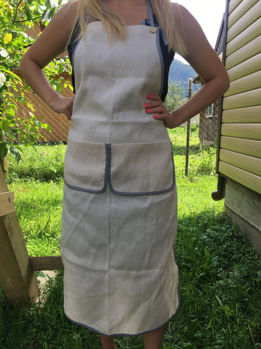 Light hemp apron with pockets and strings, Long apron to save you from spray while cooking
