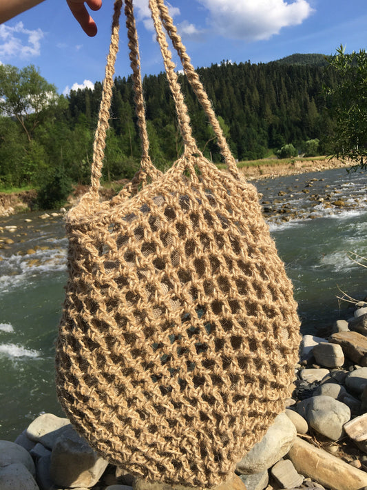 Hemp knit bag, Shopping bag handmade