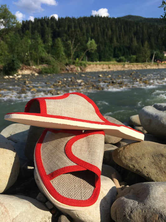 Hemp slippers for women, Red and grey color