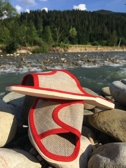 Hemp slippers for women, Red and grey color