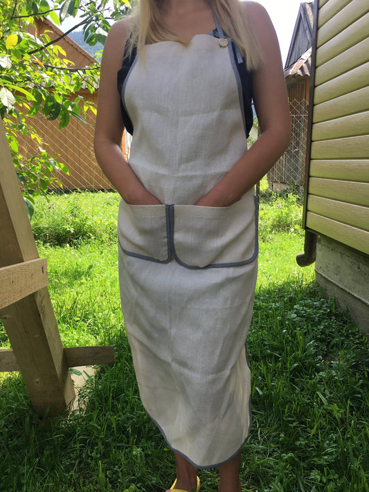 Light hemp apron with pockets and strings, Long apron to save you from spray while cooking