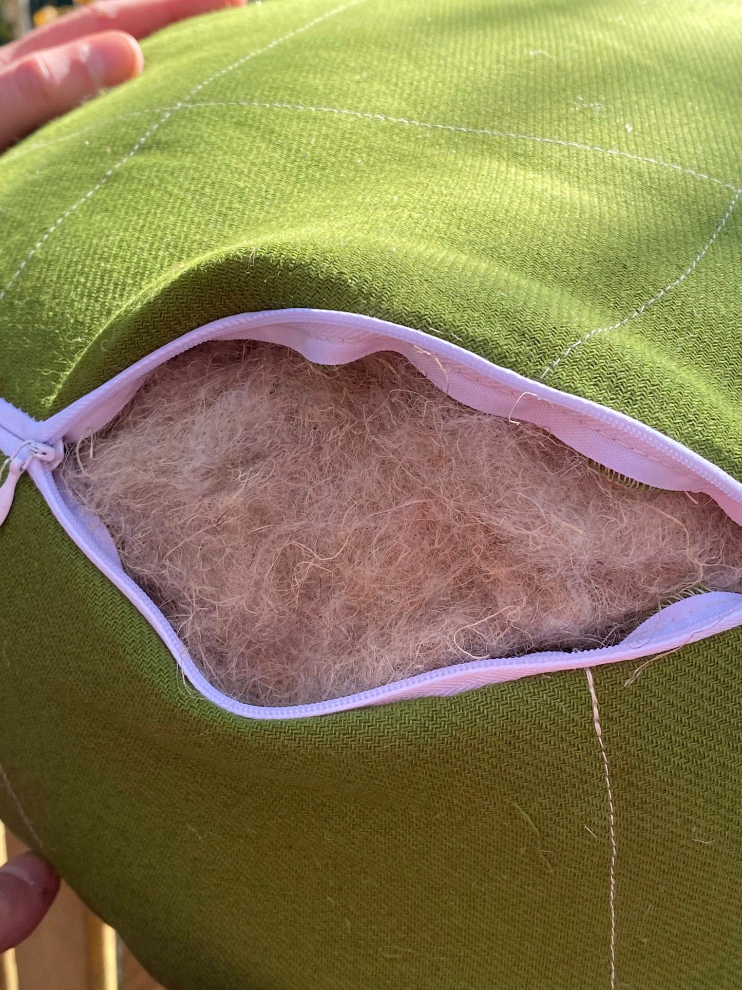 Green hemp zafu with organic hemp filler and fabric outside, elastic and paddy