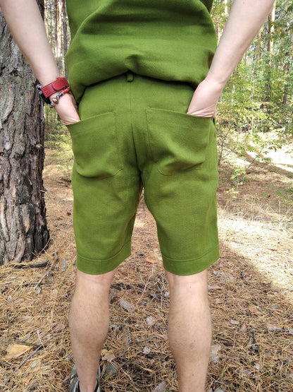 Green hemp shorts with pockets, Handmade travel shorts for men