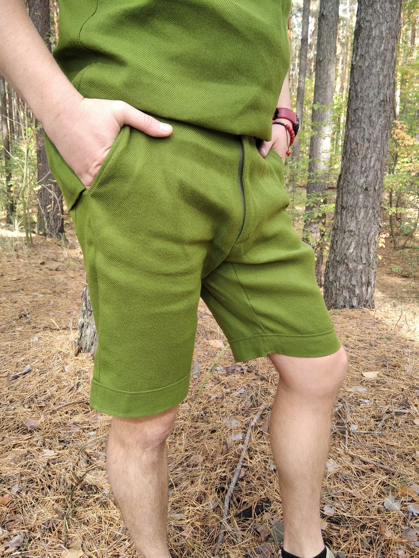 Green hemp shorts with pockets, Handmade travel shorts for men