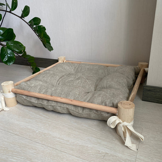 Cat house made of hemp pillow and wooden frame