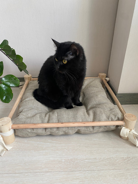 Cat house made of hemp pillow and wooden frame