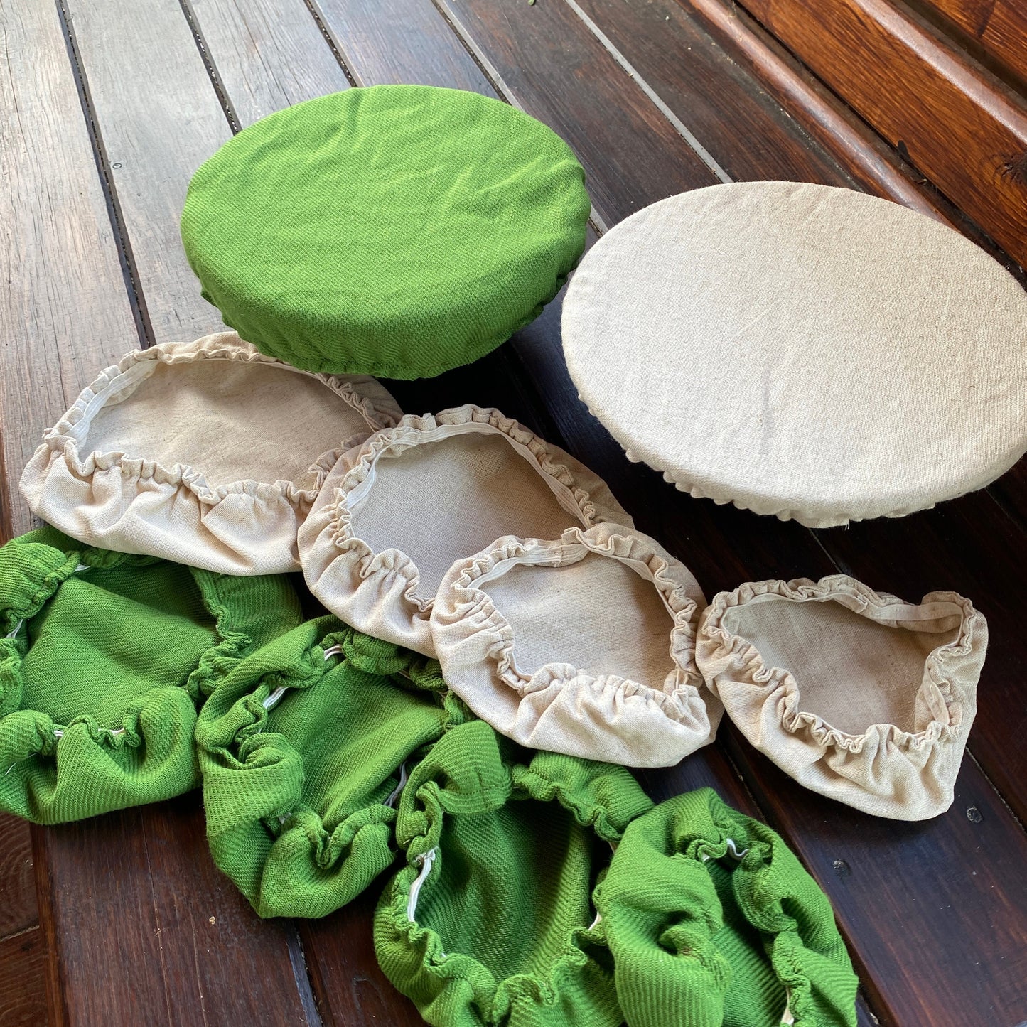 Hemp bowl cover- Set of 5 or 10 pieces - Green and natural - Possible tailoring according to your measurement