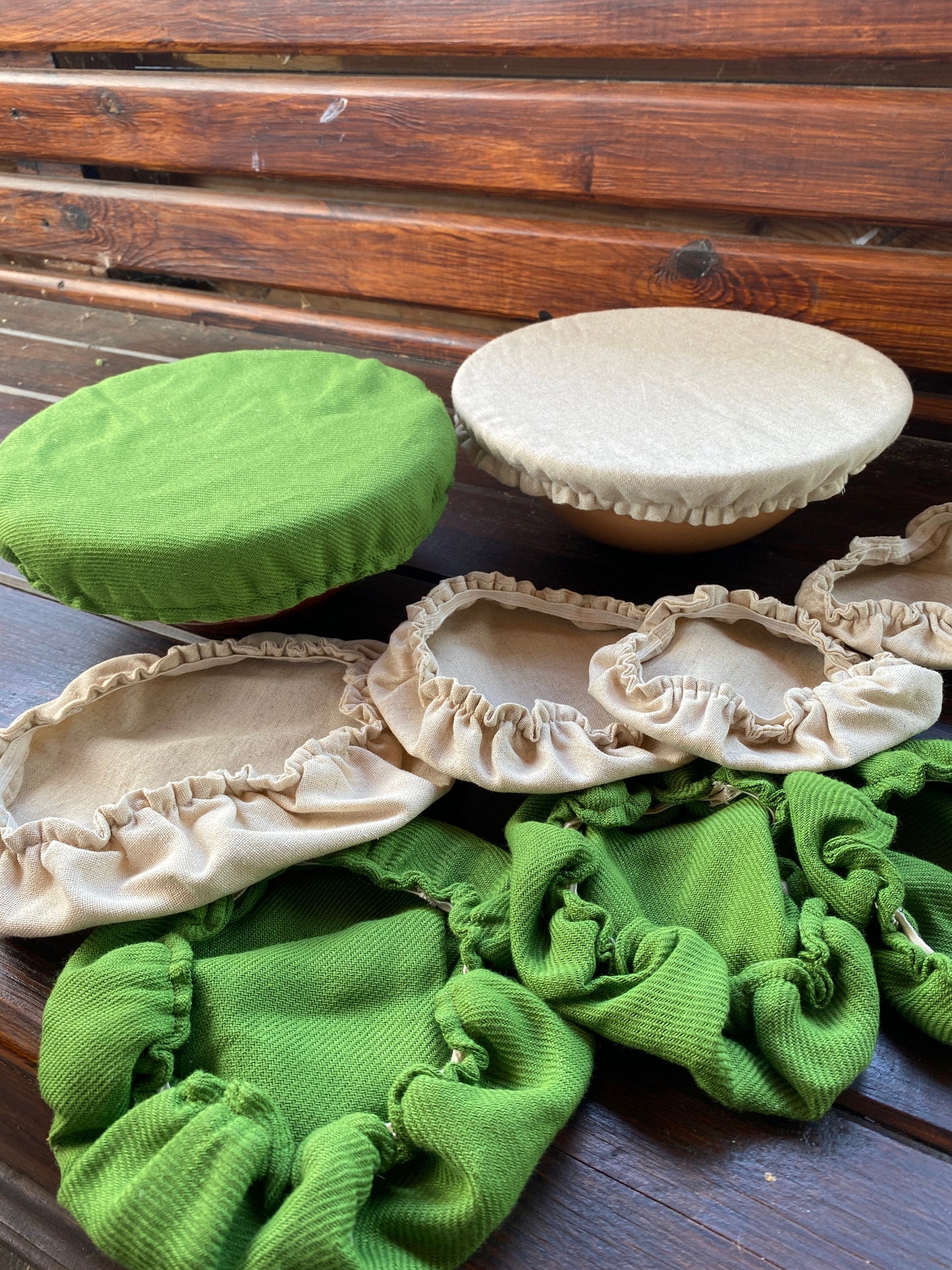Hemp bowl cover- Set of 5 or 10 pieces - Green and natural - Possible tailoring according to your measurement