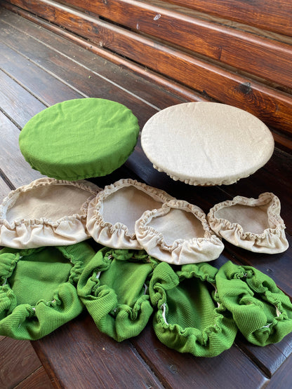 Hemp bowl cover- Set of 5 or 10 pieces - Green and natural - Possible tailoring according to your measurement